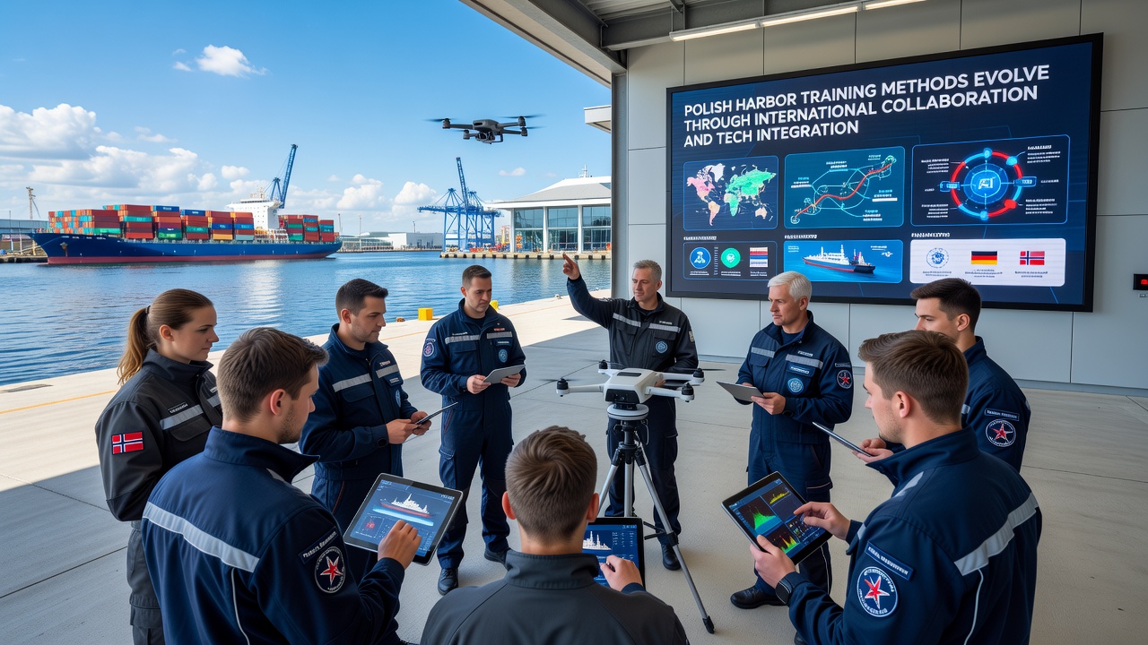 Maritime cadets using integrated VR headsets and control consoles during a collaborative training session at a Polish harbor facility